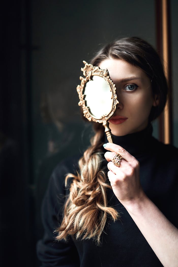 A mysterious portrait of a woman with an ornate mirror partially covering her face.